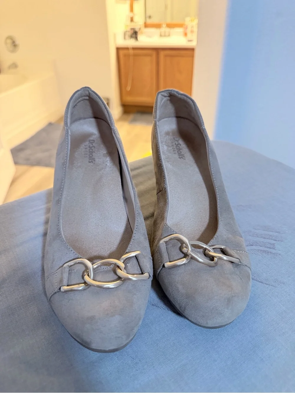 Dr. Scholl's Taupe Suede Wedge Loafers with Gold Chain